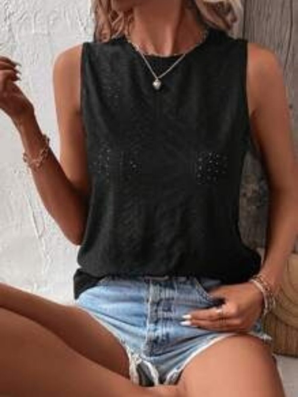 Solid Eyelet Embroidery Tank Top SHIEN Black Size Small